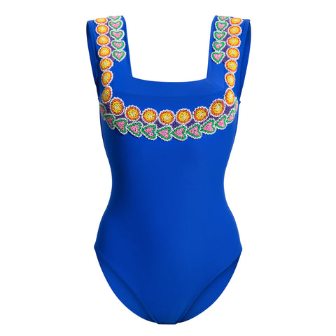 Marigold luxury blue swimsuit hand beaded square neckline